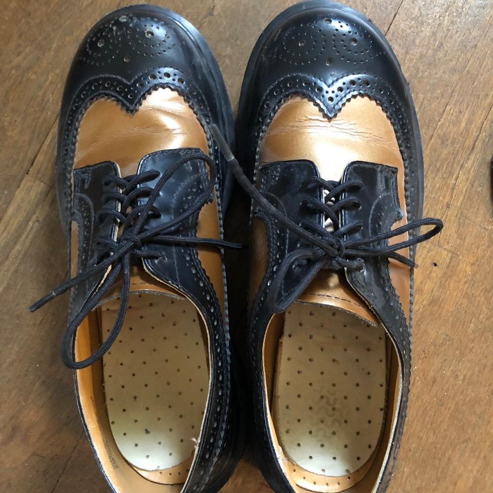 Vintage Doc Martens Shoes, Oxfords, size 7, black/bronze two-tone leather.